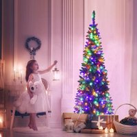 Prelit Green Pencil Christmas Tree Multicolour LEDs - Natural Green / 8ft