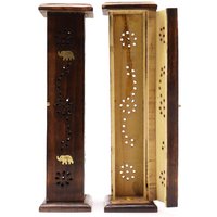 Square Incense Tower Brass inlay Mango Wood - Brown