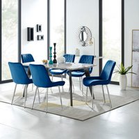 Andria Black Leg Marble Effect Dining Table and 6 Pesaro Silver Leg Chairs - Blue