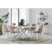 FurnitureboxUK, Mayfair Large White Dining Table 6 Corona Silver Leg Chairs - Cappuccino FurnitureboxUK, Mayfair Large White Dining Table 6 Corona Silver Leg Chairs - Cappuccino