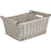 Grey Wash Wooden Handled Wicker Storage Basket - Grey / 41cm