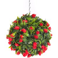 Best Artificial Outdoor 24cm Red Tulip Hanging Basket Flower Topiary Ball - Red