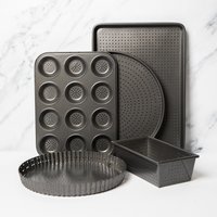 5pc Non-Stick Quiche Tin, Pizza Crisper, Loaf Pan, Baking Tray, 12-Hole Pan - Grey