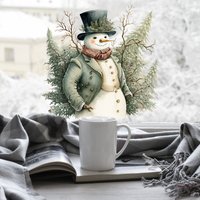 Double Sided Vintage Snowman Christmas Window Sticker - Teal Blue / 40cm