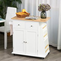 HOMCOM Kitchen Island Rolling Storage Cabinet - White, Nature Wood