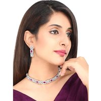 White Rhodium Plated American Diamond Necklace Set with Earrings - Silver