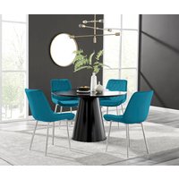 Palma Black Semi Gloss Round Dining Table and 4 Pesaro Silver Chairs - Blue