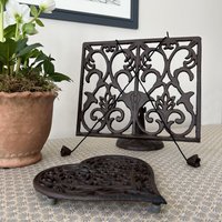 Cast Iron Heart Shaped Trivet - Bronze / Ornate Cookbook Stand and Heart Trivet Set