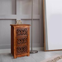 3 Draw Carved Bedside Cabinet - Light Brown