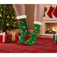 Xmas Fun Festive Fleece Lined Pair Of Socks - Dark Green