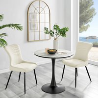 Elina White Marble Effect Round Dining Table and 2 Nora Black Leg Chairs - Cream