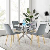 Novara Gold Round Dining Table and 4 Pesaro Gold Leg Chairs - Grey