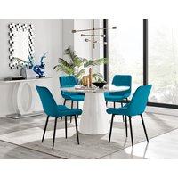 Palma White Marble Effect Round Dining Table Pesaro Black Leg Chairs - Blue / Velvet