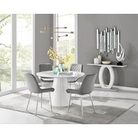 Palma White High Gloss Round Dining Table and 4 Pesaro Silver Chairs - Grey