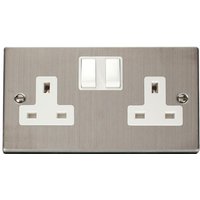 Stainless Steel 2 Gang 13A Twin Double Switched Plug Socket - White
