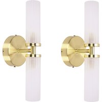Pair of - Canya 2 Way IP44 Frosted Reeded Glass Wall Lights and LED Bulbs - Gold