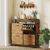 HOMCOM Narrow Shoe Cabinet with 4 Flip Drawers - Rustic Brown
