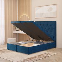 Chesterfield Velvet Divan Ottoman Bed Gas Lift with 54" Floor Standing Headboard - Navy / Superking