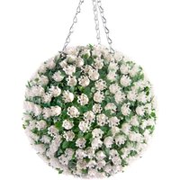 Best Artificial 28cm White Rose Hanging Basket Flower Topiary Ball - White