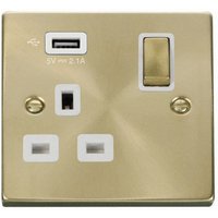Satin Brushed Brass 1 Gang 13A DP Ingot 1 USB Switched Plug Socket - White