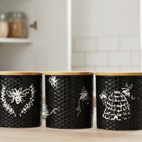 3x Ceramic Bee Storage Canister Wood Airtight Lid Kitchen Honeycomb Jar 16x12 Cm - BLACK