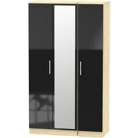 Carlton Ready Assembled 3 Door Mirrored Wardrobe - Black Gloss & Bardolino Oak