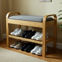 2 Tier Bamboo Shoe Storage Bench with Cushion Seat