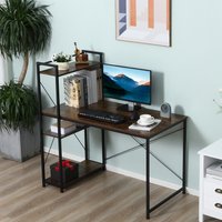 HOMCOM Computer Desk with 4 Tier Bookshelf - Rustic Brown