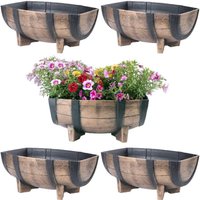 4 x Half Barrel Oak Wood Effect Flower Planter Pots - Brown