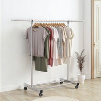 Adjustable Stainless Steel Single-Rod Clothes Drying Rack with Wheels - Sliver