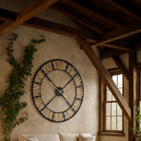 Open Frame Metal Wall Clock with Gold Roman Numerals - Black