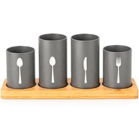 Kitchen Cutlery Holder Pots with Bamboo Tray 4 Piece - Grey