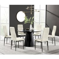 Palma Black High Gloss Round Dining Table and 6 Velvet Milan Black Leg Chairs - Cream