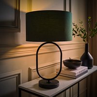 Antonia Matte Black Oval Table Lamp Fabric Drum Shade and LED Bulb - Green