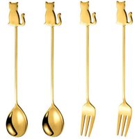Stainless Steel Cat or Fish Fork and Spoon Set - Gold / 14cm / 4