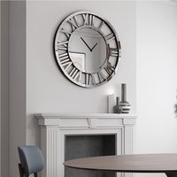 Full Mirrored Round Wall Clock Large Roman Numeral Silent - Silver