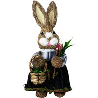 Four Candle Rabbit Figurine Holding a Basket of Flowers in Brown