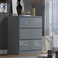 FWStyle 3 Drawer Bedside Table Deep Nightstand High Grey Gloss - Grey