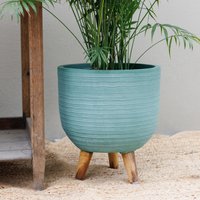 Round Textured Patio Planter with Wooden Legs - Blue