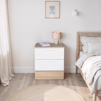FWStyle 2 Drawer Bedside Table Matt White and Oak Deep Design - White