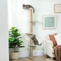 PawHut Cat Wall Furniture with 4 Climbing Platforms and Toy Ball - Light Grey