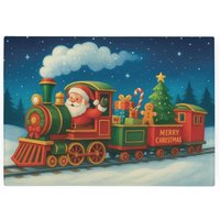 Santa's Night Train Smooth Glass Worktop Saver - Small Christmas Chopping Board - Multi