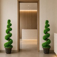 90cm Artificial Pair of Green Large Spiral Topiary Trees with Planters - Green Topiary Tree