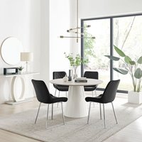 Palma Beige Stone Effect Round Dining Table and 4 Pesaro Silver Chairs - Black