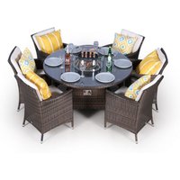Savannah Fire Pit Round Rattan Patio Dining Set - Brown / 6