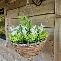 Best Artificial Large 14 inch Mini Daffodil Flower Hanging Outdoor Garden Basket - White Daffodil