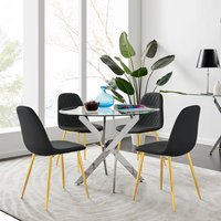 Novara Chrome Metal 100cm Round Glass Dining Table 4 Corona Gold Leg Chairs - Black
