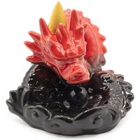 Small Red Dragon Backflow Incense Burner Ceramic Cone Holder - Red