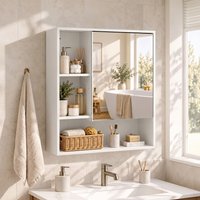 HOMCOM Bathroom Mirror Cabinet, Wall-Mounted, Adjustable Shelves, White