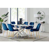 FurnitureboxUK, Mayfair Large White Dining Table 6 Pesaro Gold Leg Chairs - Navy FurnitureboxUK, Mayfair Large White Dining Table 6 Pesaro Gold Leg Chairs - Navy